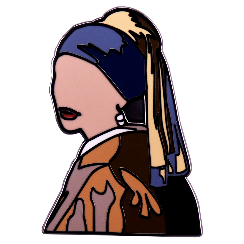 Vintage Fashion Illustration - 진주 귀걸이를 가진 소녀 에나멜 핀