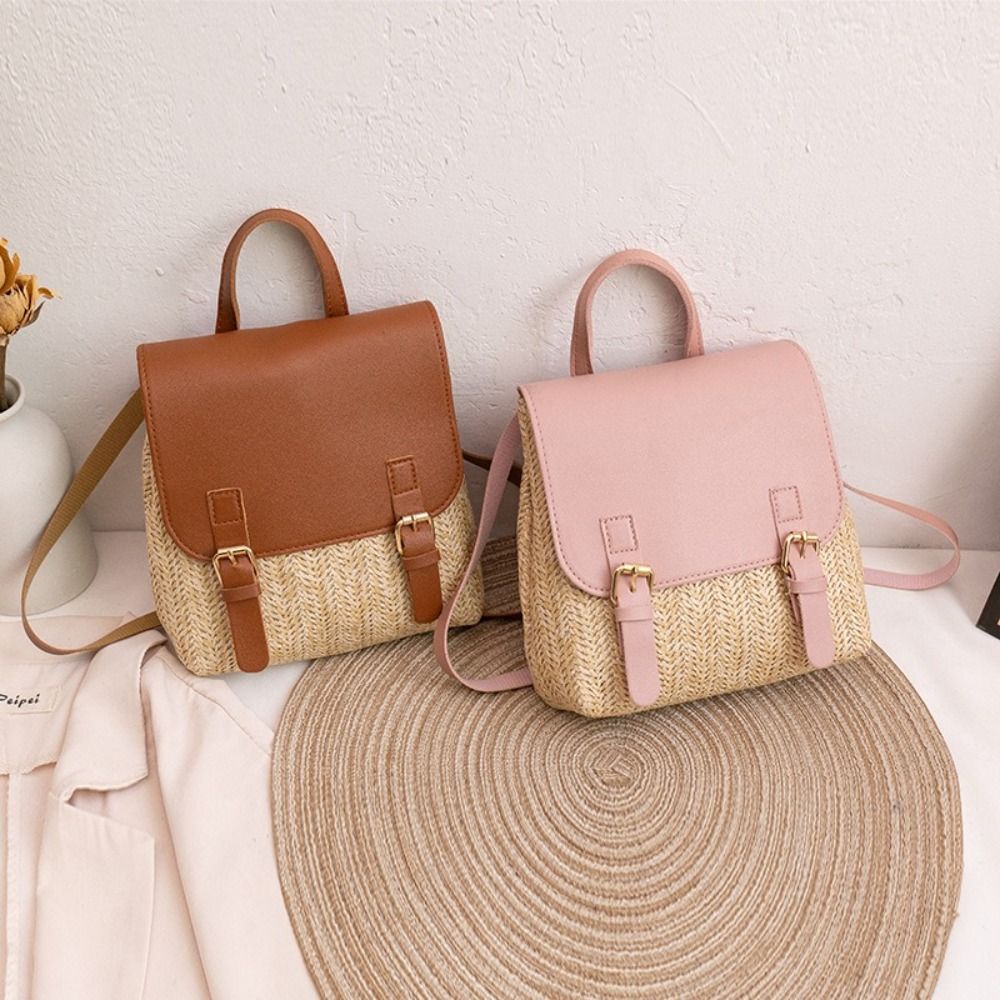 Vintage Fashion Looks - 패션 PU 가죽 밀짚 백팩 레트로