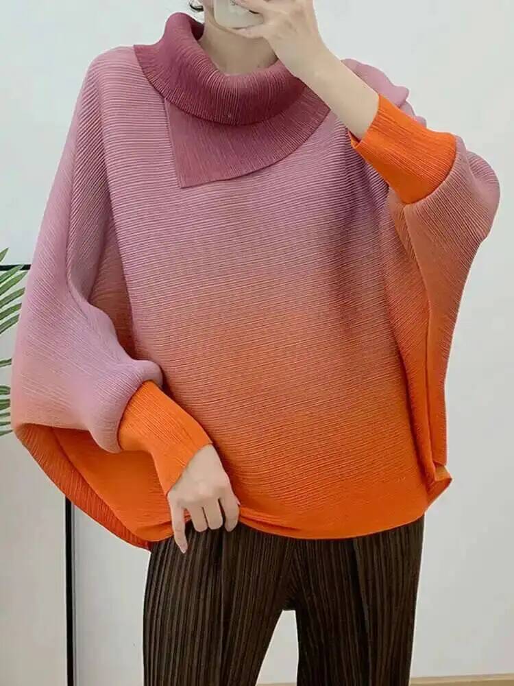 여성용 플리츠 티셔츠 그라디언트 라펠 긴 소매 배트윙  - Vintage Fashion Build 리뷰 및 가격