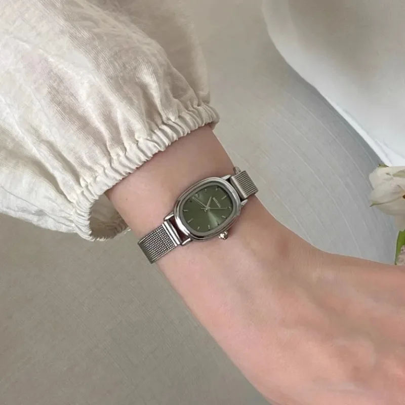 작은 타원형 다이얼 녹색 시계 간단한 스테인레스 스틸  - Vintage Fashion Watches 리뷰 및 가격
